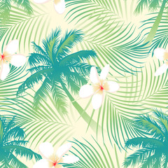 Fototapeta na wymiar Tropical palm tree with flowers seamless pattern
