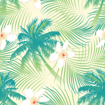 Tropical palm tree with flowers seamless pattern