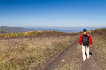 Obraz premium Male tourist with backpack is on a rural road
