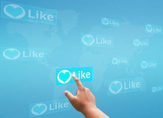 hand pressing social media button on virtual screen