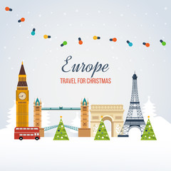 Obraz premium Travel to Europe for christmas. Merry Christmas greeting card design