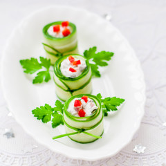 Cucumber Rolls Stuffed with Feta, Herbs, Capsicum and Black Oliv