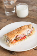 Long sandwich with chicken ham and pork ham on white plate.