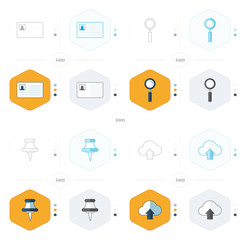 design card, magnifying glass, pins, cloud icons