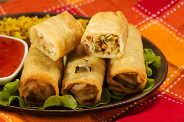 Portion baked spring rolls with vegetables and rice on a plate.