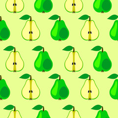Seamless vector pattern, bright fruits symmetrical background with pears, whole and half over light backdrop. Series of fruits and ingredients for cooking.