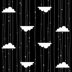 vector seamless pattern of white clouds and rain motifs on black background - 95859481