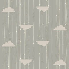 vector seamless pattern of beige clouds and rain motifs on brown-gray background