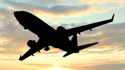 Modern Passenger airplane silhouette flight in sunset