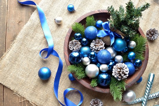 Christmas Tree,blue Ornaments And Candles