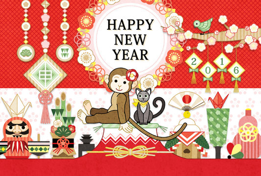 2016年申年完成年賀状テンプレート「猿と猫と縁起物」HAPPYNEWYEAR