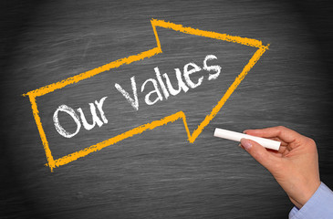 Our Values - female hand and arrow with text