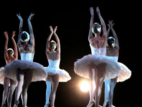 Ballet dancers on stage performing Swan Lake