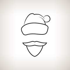 Santa Claus Face on a Light  Background,  Santa Claus  with a Beard, Mustache and Hat without a Face, Christmas Decorations, Drawing in Linear Style , Black and White Vector Illustration