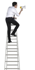 Asian man holding megaphone on the ladder