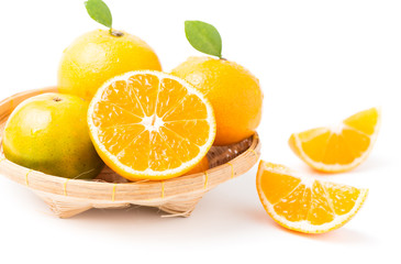 slice orange fruit isolated on bamboo basket