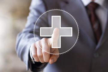 Businessman push virtual icon button add plus