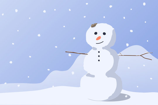 A kind snowman at snow hill, romantic happiness scene background, vector illustration.
