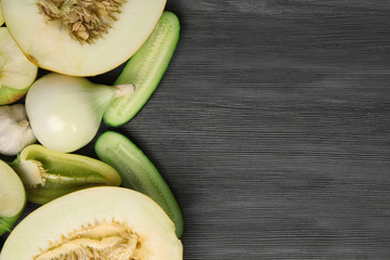 Fruits and vegetables on wooden table