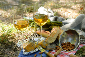 Beautiful composition of wine, cheese, almonds and baguette, outdoors