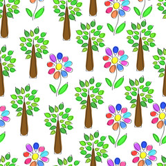 Trees and flowers. Seamless pattern. Children's style.