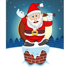 Santa Claus, Snow, Chimney And Full Moon At Night For Your Design Vector Illustration
