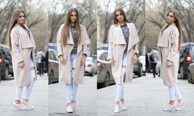 Young beautiful woman in beige coat and torn jeans and pink snea