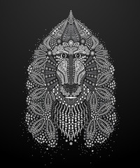 Vector illustration of a baboon hand-drawn style mehendi. The head of the animal with ethnic motifs. Sketch of tattoo prints on shirts, bags, or greeting card. Monkey symbol of the New 2016