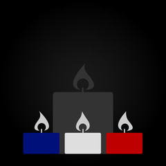Burning candles in French flag colors on dark background. Vector illustration.