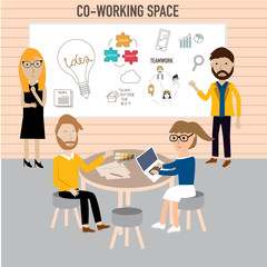 Hipster people working in the co-working space infographics elem