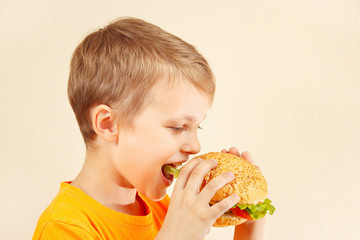 Little funny boy eating a tasty sandwich