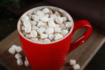 A cup of tasty cocoa and marshmallow on the table