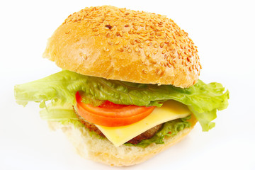 Big tasty hamburger with cheese close up on a white background