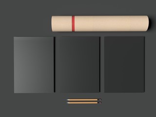 Set of mockup elements on the black background. 3d render