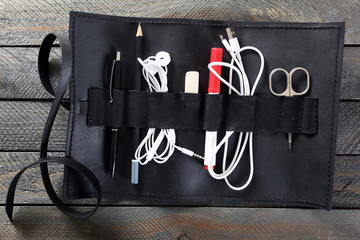 Open Leather case on wooden background