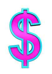 Dollar sign from pink glass with blue frame alphabet set, isolated on white. Computer generated 3D photo rendering.