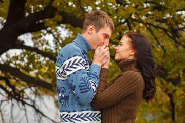 loving couple in a park on the outdoors