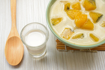 Thai style dessert, hot pumpkin in coconut milk