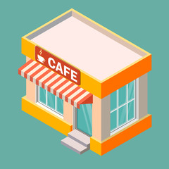 Isometric vector cafe building isolated on a white background.