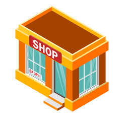 Isometric vector shop building isolated on a white background.