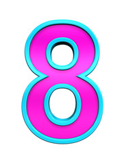 One digit from pink glass with blue frame alphabet set, isolated on white. Computer generated 3D photo rendering.