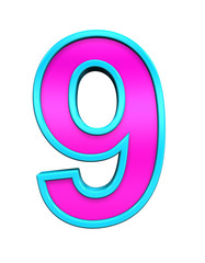 One digit from pink glass with blue frame alphabet set, isolated on white. Computer generated 3D photo rendering.