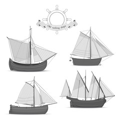 Set of old sailing ships on white background