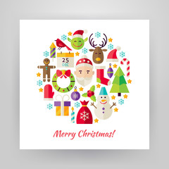 Flat Style Circle Vector Set of Merry Christmas Objects over whi