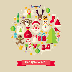 Vector Flat Style Happy New Year Objects Concept