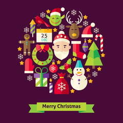 Vector Flat Style Merry Christmas Objects Concept