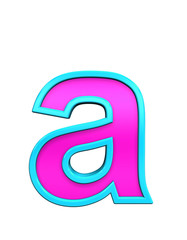 One lower case letter from pink glass with blue frame alphabet set, isolated on white. Computer generated 3D photo rendering.