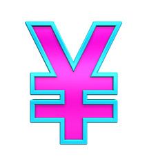 Fototapeta premium Yen sign from pink glass with blue frame alphabet set, isolated on white. Computer generated 3D photo rendering.