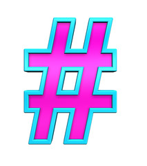 Obraz premium Number mark sign from pink glass with blue frame alphabet set, isolated on white. Computer generated 3D photo rendering.