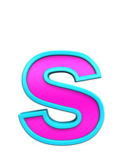 One lower case letter from pink glass with blue frame alphabet set, isolated on white. Computer generated 3D photo rendering.